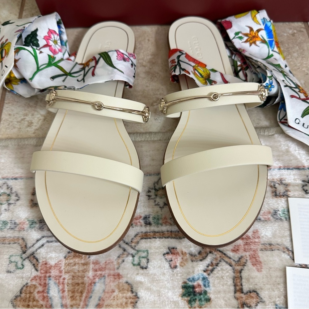New authentic Gucci silk ankle wrap leather sandals size 37.5 - Picture 5 of 9